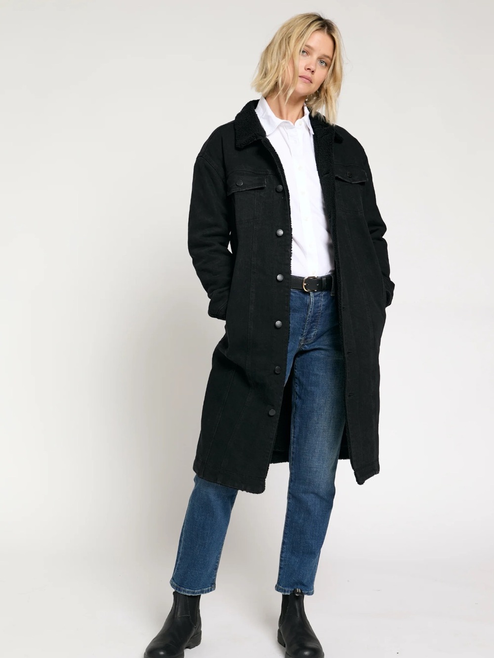 Long Black Sherpa-Collar Jean Jacket for Women